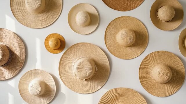 A collection of various straw hats displayed on a white wall, showcasing different shapes and sizes