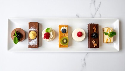 Assorted Mini Cakes on White Rectangular Plate on Marble Tabletop Background