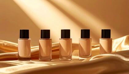 Five Beige Foundation Bottles Displayed on Bronze Silk Cloth with Soft Lighting