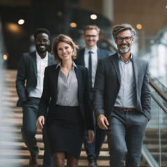 A group of people dressed in business attire are walking up a set of stairs. The woman in the center of the group is smiling and she is the leader of the group