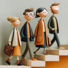 Four people are walking up a set of stairs, each carrying a bag. The scene is set in a city, with the people likely heading to work or school. Scene is casual and everyday
