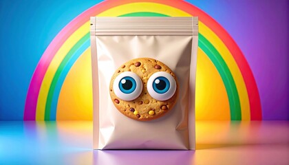 Cartoonish Cookie with Googly Eyes on a Bag Before Colorful Rainbow Backdrop