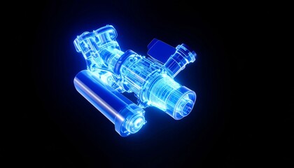 Blue Holographic Engine Components on Black Backdrop with Futuristic Technology