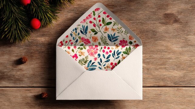 Elegant christmas envelope with intricate floral lining lying open on rustic wooden surface, expressing seasonal warmth and festive spirit