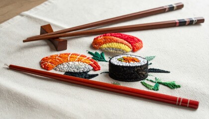 Sushi Embroidery Art with Chopsticks on White Fabric Background Decorative Food