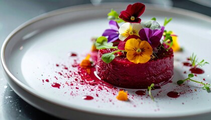 Red Beetroot Dish with Fresh Edible Flowers on White Plate Fine Dining Table