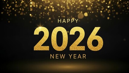Flat illustration of happy new year 2026 greeting with sparkling gold glitter and lights on a black background - Powered by Adobe