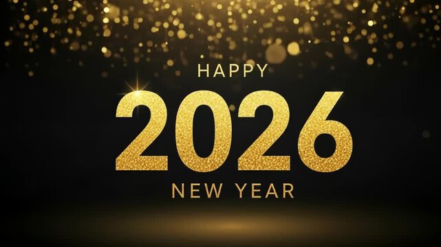 Flat illustration of happy new year 2026 greeting with sparkling gold glitter and lights on a black background