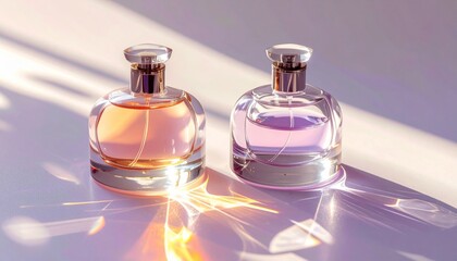 Two Glass Perfume Bottles with Golden Lids in Soft Light Reflecting Shimmer