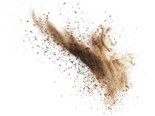 Sand flying explosion, Golden sand wave explode. Abstract sands cloud fly. Yellow colored sand splash throwing in Air. White background Isolated high speed shutter, throwing freeze stop motion, png