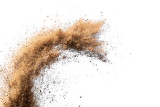 Small size fine Sand flying explosion, Golden grain wave explode. Abstract cloud fly. Yellow colored sand splash silica in Air. White background Isolated high speed shutter, throwing freeze shot 