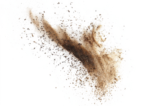 Sand flying explosion, Golden sand wave explode. Abstract sands cloud fly. Yellow colored sand splash throwing in Air. White background Isolated high speed shutter, throwing freeze stop motion, png