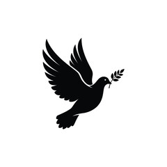 Obraz premium Black silhouette of a flying dove with an olive branch, a powerful symbol of universal peace, hope, and spiritual freedom, ideal for conceptual design and illustrative projects.