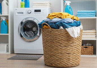 Wicker laundry basket overflowing with clothes next to a washing machine