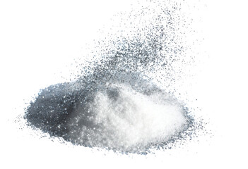 Million of white sand explosion, Photo image of falling down shower snow, heavy snows storm flying. Freeze shot on black background isolated overlay. Tiny Fine Salt sands as particle science