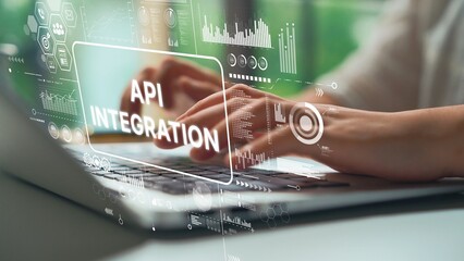 Focused Hands Typing on Laptop with API Integration Concepts in Digital Interface and Data Graphics Overlay. Asymptotic smart data analytic.