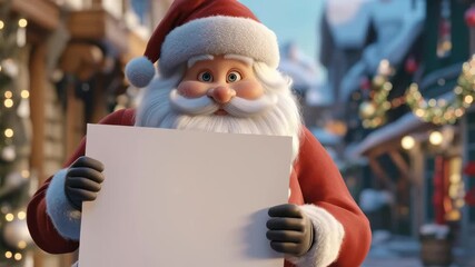 A cartoon character holding a blank piece of paper. The character is wearing a red hat and a red shirt. The image has a festive and cheerful mood, as it is a Christmas scene - Powered by Adobe