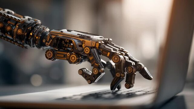 A robotic hand is pointing to a laptop keyboard. Concept of technology and automation, as the robotic hand is interacting with the laptop