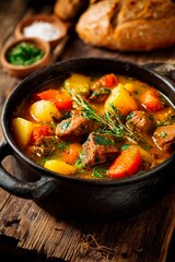 A delicious beef stew filled with vivid vegetables like carrots, potatoes, and bell peppers simmers in a cast iron pot. Fresh herbs add aroma. Rustic bread and spices are nearby