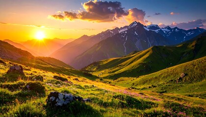 Mountainous landscape at sunset