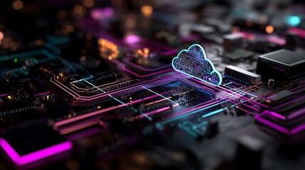 Glowing Digital Circuit Board with Pixel Cloud - Neon Pink/Purple Tech Pathways on Dark Background