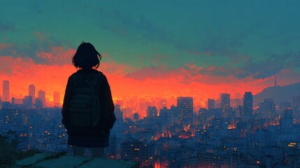 Fototapeta premium Moody manga illustration of a girl admiring a stunning cityscape illuminated by night