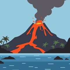 Tropical Island Volcano Eruption Vector – Lava Flow with Palm Trees and Ocean