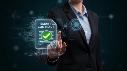A person in a suit interacts with a smart contract interface on a digital display in the dark space - Powered by Adobe