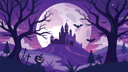 Fototapeta premium Spooky Halloween Night Vector with Full Moon and Haunted House