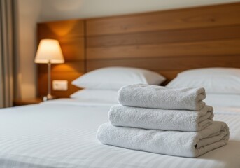 Comfortable hotel bed with stacked towels and lamp
