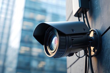 Modern security camera installed on building exterior, surveillance technology with clean architectural lines