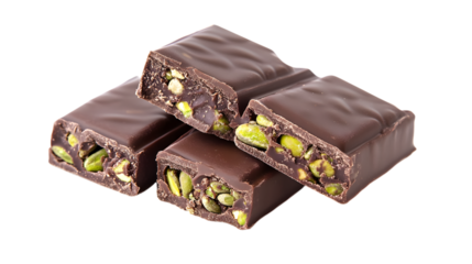 A chocolate bar with nuts on top of it. The chocolate bar is cut into four pieces