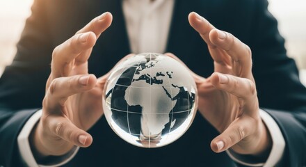Business leader carefully holds a clear globe, symbolizing global strategy and international business opportunities.