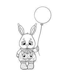 A cute bunny in a pumpkin costume holds a ball in his paws. Funny cartoon character for Halloween. Black and white linear drawing. Vector illustration isolated on white background. Coloring book.