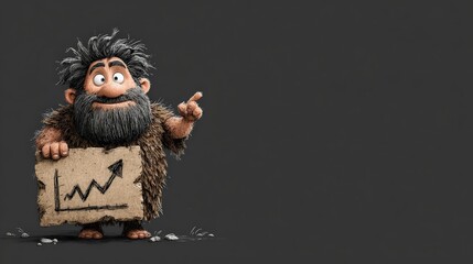 Caveman showing growth on cardboard sign pointing with finger