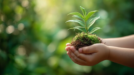 Hand children holding young plant with sunlight on green background

