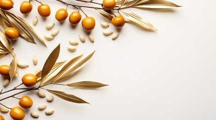  branches with golden leaves and seeds on a bright background
