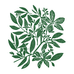 Green botanical linocut print with leaves and flowers vector