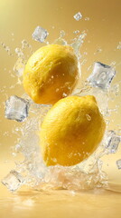 Two Lemons Colliding Mid-Air with Juicy Splash and Ice Shards
