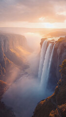 Soft focus view of waterfall blurred in distance through fog with golden backlight