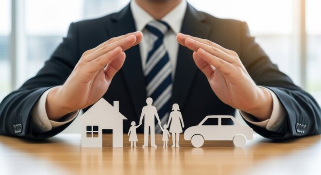 Protective hands shield family, home, and car, symbolizing comprehensive insurance coverage and financial security.