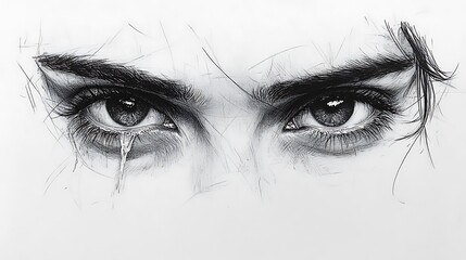 Obraz premium Detailed grayscale drawing of a woman's eye with tears.
