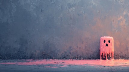 Melting pink jelly cube character showing fear in empty room