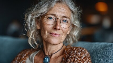 elderly woman wearing a fall detection pendant while sitting on a cozy couch