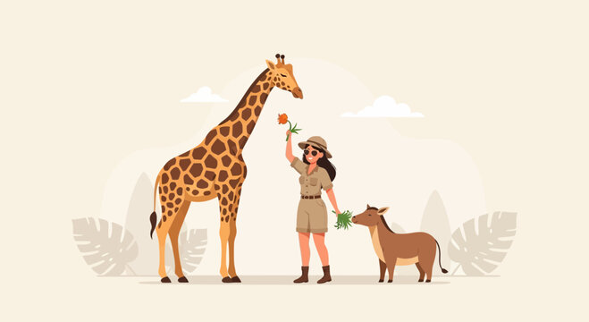 Exploring The Wildlife Young Woman Presenting A Giraffe With A Flower