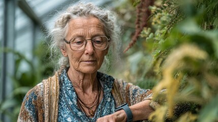 elderly woman enjoying peaceful garden moments with health-tracking smartwatch