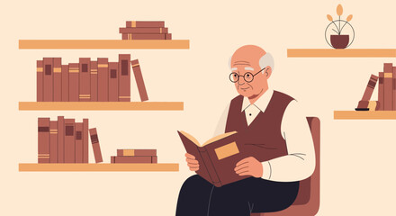Fototapeta premium Elderly Man Enjoying A Book In A Cozy Interior With Book Shelves