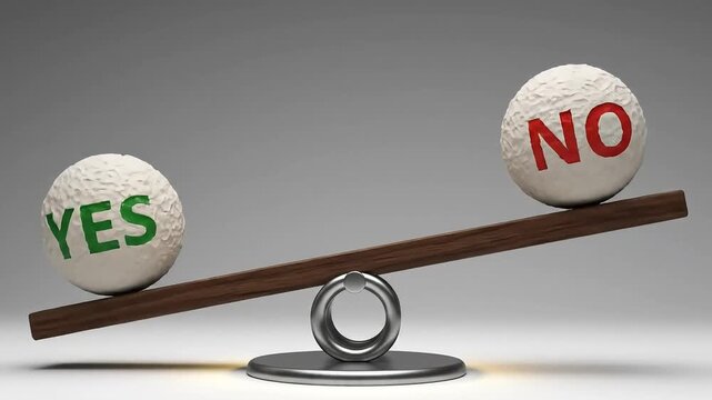 A balance scale with yes and no balls showing equilibrium and decision making