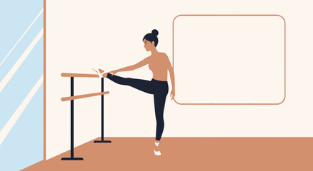 Fototapeta premium Elegant Ballerina Stretching Leg At Barre For Dance Practice Inside Studio