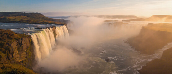 Soft focus view of waterfall blurred in distance through fog with golden backlight